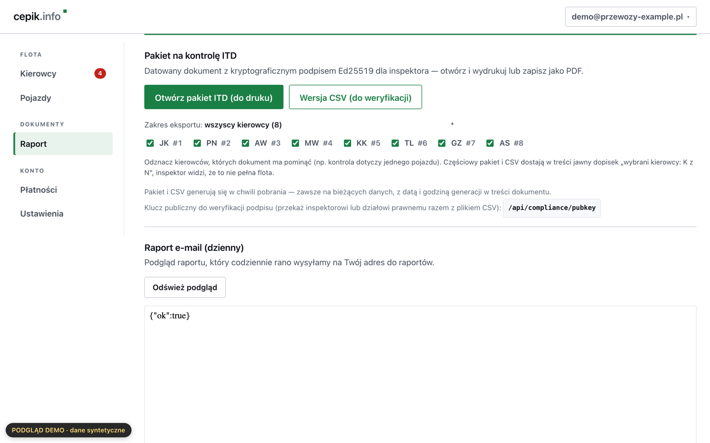 Pakiet na kontrolę ITD: podpisany kryptograficznie dokument z wyborem kierowców do eksportu